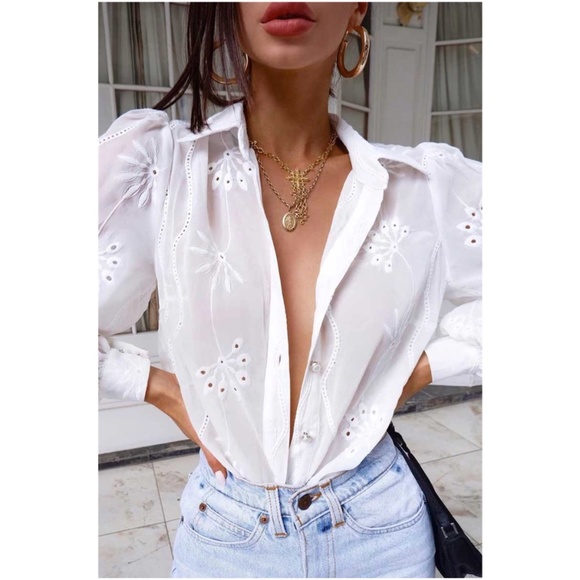 Boho embroidered eyelet pearl button up top Mint - Picture 2 of 14